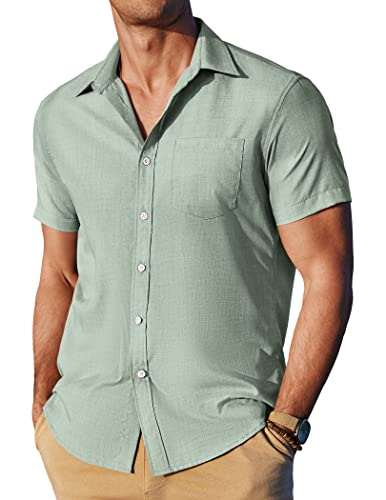 JINIDU Men Linen Shirts Short Sleeve Button Down Shirt Athletic Fit Dress Shirts Light Green