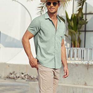 JINIDU Men Linen Shirts Short Sleeve Button Down Shirt Athletic Fit Dress Shirts Light Green