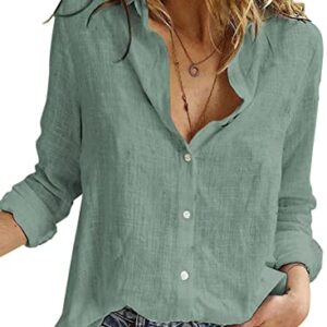 Astylish Ladies Long Sleeve V Neck Blouses Linen Button Down Polo Shirts Work Clothes for Women Office Light Green Medium