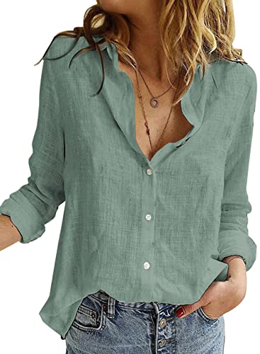 Astylish Ladies Long Sleeve V Neck Blouses Linen Button Down Polo Shirts Work Clothes for Women Office Light Green Medium