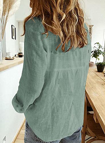 Astylish Ladies Long Sleeve V Neck Blouses Linen Button Down Polo Shirts Work Clothes for Women Office Light Green Medium