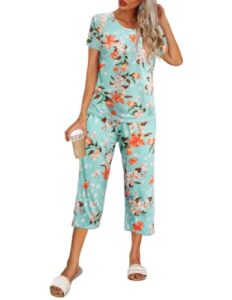 ekouaer women's pajamas short sleeve sleepwear tops and capri pants cute print pajama sets with pockets green flowers