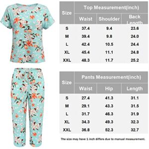 Ekouaer Women's Pajamas Short Sleeve Sleepwear Tops and Capri Pants Cute Print Pajama Sets with Pockets Green Flowers