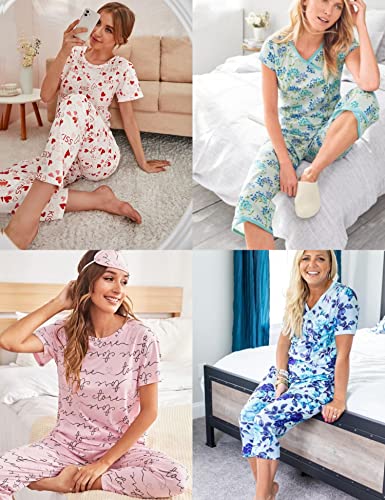 Ekouaer Women's Pajamas Short Sleeve Sleepwear Tops and Capri Pants Cute Print Pajama Sets with Pockets Green Flowers