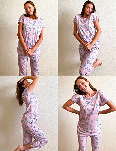 Ekouaer Women's Pajamas Short Sleeve Sleepwear Tops and Capri Pants Cute Print Pajama Sets with Pockets Green Flowers