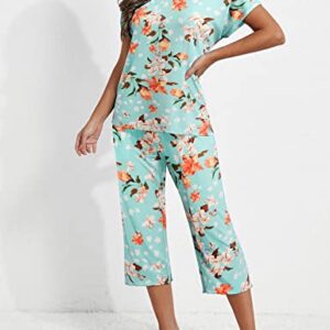 Ekouaer Women's Pajamas Short Sleeve Sleepwear Tops and Capri Pants Cute Print Pajama Sets with Pockets Green Flowers