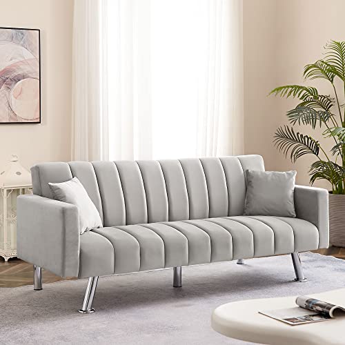 AWQM Sofa Bed, Upholstered Convertible Sofa Bed with 2 Pillows, Modern Sleeper Sofa Couch with Wooden Frame and Metal Legs, Comfortable Velvet Sofa Suitable for Living Room Bedroom Office (Gray)