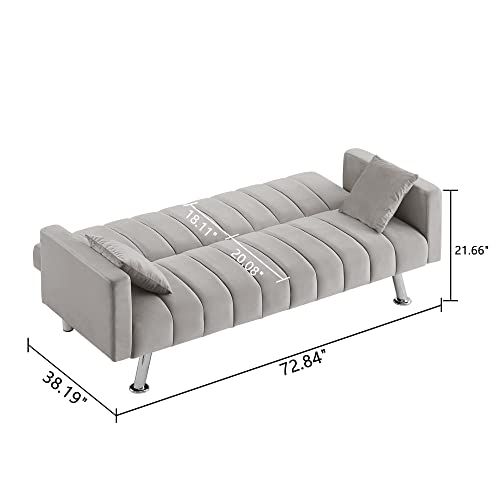 AWQM Sofa Bed, Upholstered Convertible Sofa Bed with 2 Pillows, Modern Sleeper Sofa Couch with Wooden Frame and Metal Legs, Comfortable Velvet Sofa Suitable for Living Room Bedroom Office (Gray)