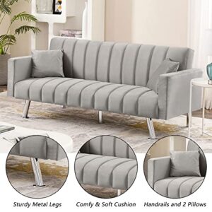 AWQM Sofa Bed, Upholstered Convertible Sofa Bed with 2 Pillows, Modern Sleeper Sofa Couch with Wooden Frame and Metal Legs, Comfortable Velvet Sofa Suitable for Living Room Bedroom Office (Gray)