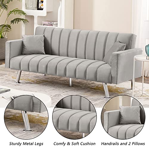 AWQM Sofa Bed, Upholstered Convertible Sofa Bed with 2 Pillows, Modern Sleeper Sofa Couch with Wooden Frame and Metal Legs, Comfortable Velvet Sofa Suitable for Living Room Bedroom Office (Gray)