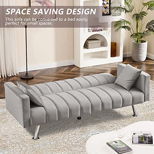 AWQM Sofa Bed, Upholstered Convertible Sofa Bed with 2 Pillows, Modern Sleeper Sofa Couch with Wooden Frame and Metal Legs, Comfortable Velvet Sofa Suitable for Living Room Bedroom Office (Gray)