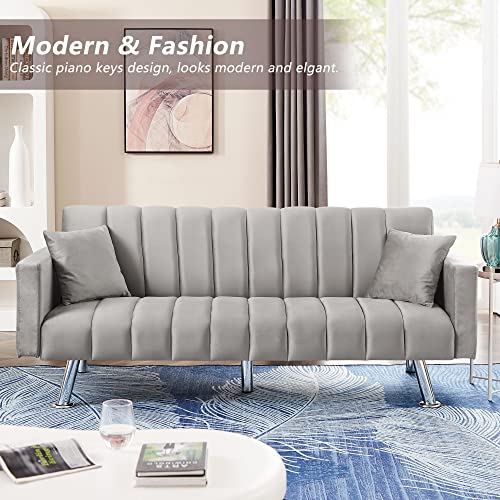 AWQM Sofa Bed, Upholstered Convertible Sofa Bed with 2 Pillows, Modern Sleeper Sofa Couch with Wooden Frame and Metal Legs, Comfortable Velvet Sofa Suitable for Living Room Bedroom Office (Gray)