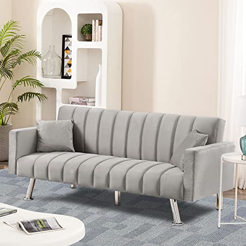 AWQM Sofa Bed, Upholstered Convertible Sofa Bed with 2 Pillows, Modern Sleeper Sofa Couch with Wooden Frame and Metal Legs, Comfortable Velvet Sofa Suitable for Living Room Bedroom Office (Gray)