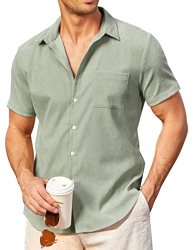 COOFANDY Mens Shirt Casual Corduroy Button Up Summer Beach Wear, Light Green, XX-Large, Short Sleeve