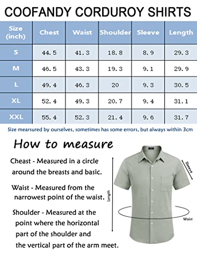 COOFANDY Mens Shirt Casual Corduroy Button Up Summer Beach Wear, Light Green, XX-Large, Short Sleeve