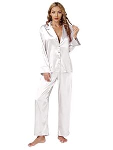 lyaner women's satin silky pajama set long sleeeve top with long pants set pj loungewear white small