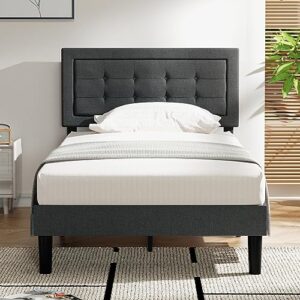 vecelo twin size upholstered bed frame with height adjustable fabric headboard, heavy-duty platform bedframe/mattress foundation/strong wood slat support/no box spring needed, grey