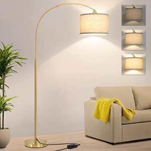 gold arc floor lamp, dimmable floor lamp for living room, mordern standing lamp with adjustable lamp head, tall pole lamp over couch arched light for reading, bedroom, office, 9w led bulb included