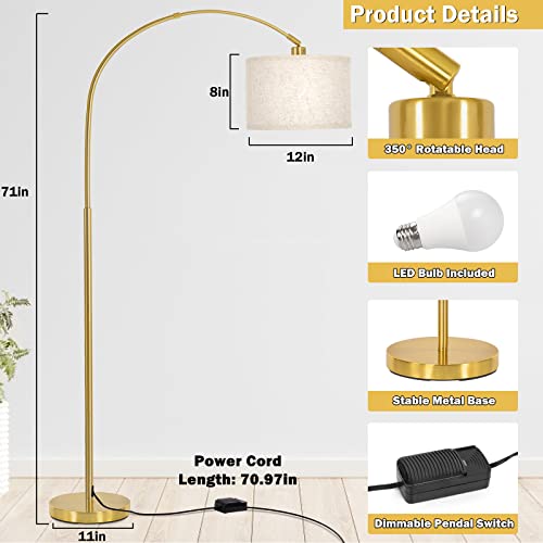 Gold Arc Floor Lamp, Dimmable Floor Lamp for Living Room, Mordern Standing Lamp with Adjustable Lamp Head, Tall Pole Lamp Over Couch Arched Light for Reading, Bedroom, Office, 9W LED Bulb Included