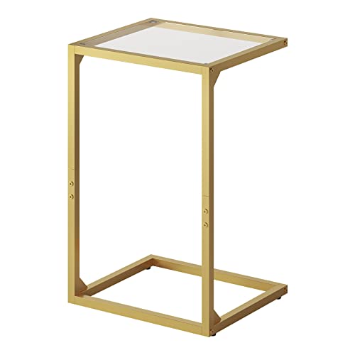 HOOBRO C-Shaped End Table, Tempered Glass Couch Table with Metal Frame, Narrow Snack Side Table for Small Space, Living Room, Bedroom, Modern and Simple, Gold GD04SF01