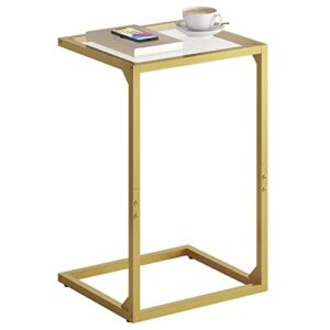 HOOBRO C-Shaped End Table, Tempered Glass Couch Table with Metal Frame, Narrow Snack Side Table for Small Space, Living Room, Bedroom, Modern and Simple, Gold GD04SF01