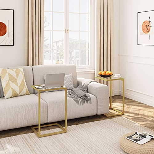 HOOBRO C-Shaped End Table, Tempered Glass Couch Table with Metal Frame, Narrow Snack Side Table for Small Space, Living Room, Bedroom, Modern and Simple, Gold GD04SF01