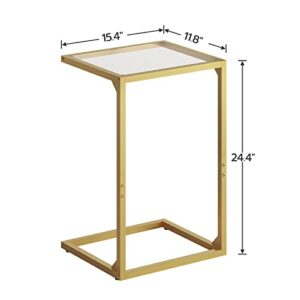 HOOBRO C-Shaped End Table, Tempered Glass Couch Table with Metal Frame, Narrow Snack Side Table for Small Space, Living Room, Bedroom, Modern and Simple, Gold GD04SF01