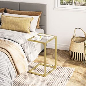 HOOBRO C-Shaped End Table, Tempered Glass Couch Table with Metal Frame, Narrow Snack Side Table for Small Space, Living Room, Bedroom, Modern and Simple, Gold GD04SF01