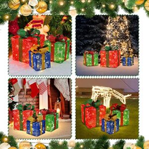 AMZXMAS 3 PCS Outdoor Indoor Christmas Decorations Christmas Lighted Gift Boxes Décor,Pre-lit 65 LED Lights Up Christmas Tree Skirt Ornament with Bows, for Holiday Party Christmas Home Yard (A1)