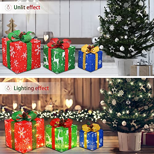 AMZXMAS 3 PCS Outdoor Indoor Christmas Decorations Christmas Lighted Gift Boxes Décor,Pre-lit 65 LED Lights Up Christmas Tree Skirt Ornament with Bows, for Holiday Party Christmas Home Yard (A1)