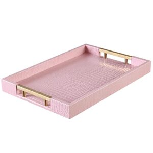serving tray with handles, 17.1”x11.8” pu leather ottoman tray, rectangle coffee table tray, modern elegant decorative tray for breakfast tea food drinks jewelry living room kitchen vanity,pink