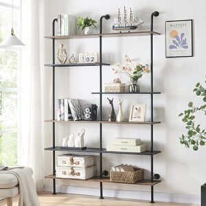 homissue industrial bookshelf 6-tier open wall mount ladder bookshelf, modern bookcase with metal frame and wood for home office, wall mounted industrial iron pipe shelf, brown