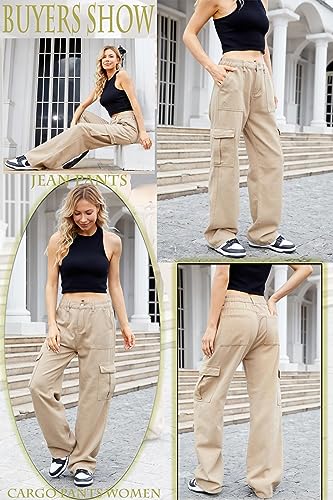 QYANGG High Waist Cargo Pants Women Stretch Baggy Cargo Pants Women Multiple Pockets Relaxed Fit Straight Wide Leg Y2K Pants Khaki