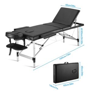 Careboda Portable Massage Table Professional Massage Bed 3 Fold 82 Inches Height Adjustable for Spa Salon Lash Tattoo with Aluminum Legs Carrying Bag Accessories Black