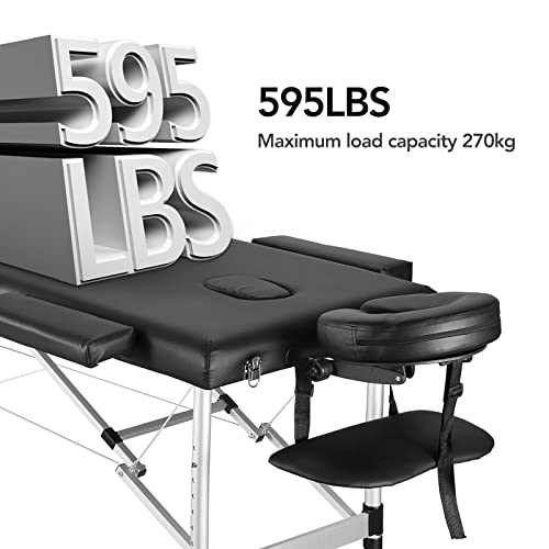 Careboda Portable Massage Table Professional Massage Bed 3 Fold 82 Inches Height Adjustable for Spa Salon Lash Tattoo with Aluminum Legs Carrying Bag Accessories Black