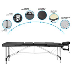 Careboda Portable Massage Table Professional Massage Bed 3 Fold 82 Inches Height Adjustable for Spa Salon Lash Tattoo with Aluminum Legs Carrying Bag Accessories Black