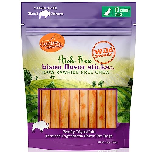 Canine Naturals Bison Chew Sticks - Rawhide Free Dog Treats - Made with Real Bison - All-Natural and Easily Digestible Chicken Free Recipe- 10 Pack of 5 Inch Stick Chews