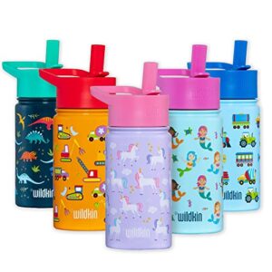 wildkin kids stainless steel 14 ounce water bottle for boys & girls, perfect for daycare, school, or travel, features straw top & carrying handle, easy to clean water bottles for kids (unicorn)