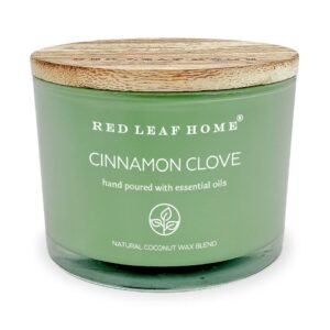 red leaf home | cinnamon clove scented glass jar candle with wooden lid | large | includes vanilla and citrus | aromatherapy, luxury, gift | 15oz