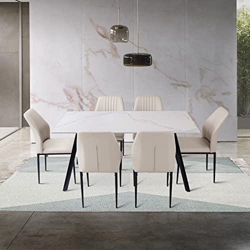 Zerifevni Dining Table Set for 6, Modern White Dining Table Sintered Stone Rectangula Table & 6 Dining Chairs (1 Table 6 Beige Chairs)