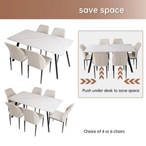 Zerifevni Dining Table Set for 6, Modern White Dining Table Sintered Stone Rectangula Table & 6 Dining Chairs (1 Table 6 Beige Chairs)