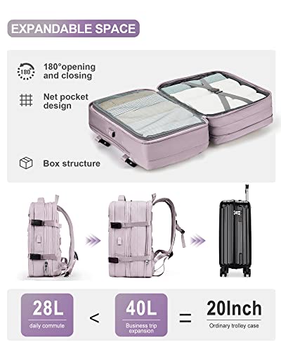 Large Travel Backpack for Women,Carry On Backpack,Expandable Airline Airplane Approved Weekender Backpack,Hiking Backpack,Laptop Backpack with USB Charging Port,Waterproof 40L Backpack, Lotus Pink