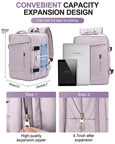 Large Travel Backpack for Women,Carry On Backpack,Expandable Airline Airplane Approved Weekender Backpack,Hiking Backpack,Laptop Backpack with USB Charging Port,Waterproof 40L Backpack, Lotus Pink