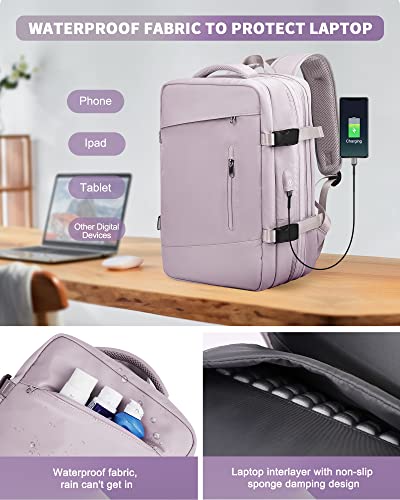 Large Travel Backpack for Women,Carry On Backpack,Expandable Airline Airplane Approved Weekender Backpack,Hiking Backpack,Laptop Backpack with USB Charging Port,Waterproof 40L Backpack, Lotus Pink