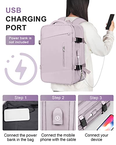 Large Travel Backpack for Women,Carry On Backpack,Expandable Airline Airplane Approved Weekender Backpack,Hiking Backpack,Laptop Backpack with USB Charging Port,Waterproof 40L Backpack, Lotus Pink