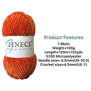 FINECE Soft Velvet Yarn Chenille Yarn for Crocheting Baby Blanket Yarn for Knitting 100 gr (132 yds) Fancy Yarn for Crochet Weaving Craft Amigurumi Yarn (1 Skein, 2190 - Orange)