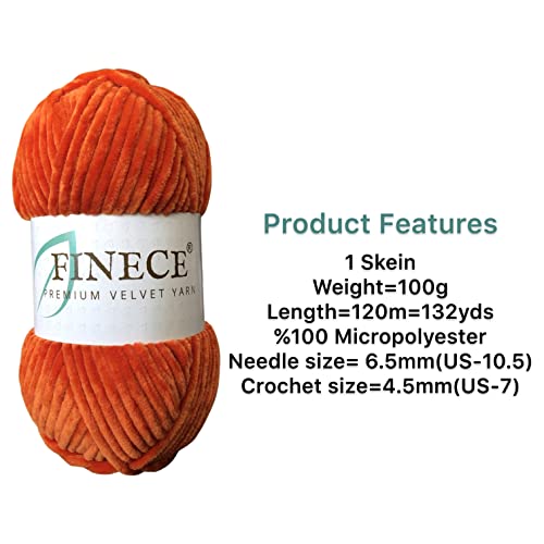 FINECE Soft Velvet Yarn Chenille Yarn for Crocheting Baby Blanket Yarn for Knitting 100 gr (132 yds) Fancy Yarn for Crochet Weaving Craft Amigurumi Yarn (1 Skein, 2190 - Orange)