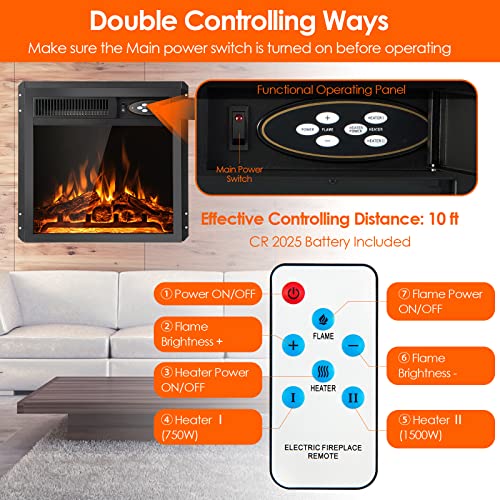 COSTWAY 20-Inch Electric Fireplace Insert, 5100 BTU Recessed and Freestanding Fireplace Heater with Remote Control, 7-Level Flame, Overheat Protection for Living Room Bedroom Office, 750W/1500W