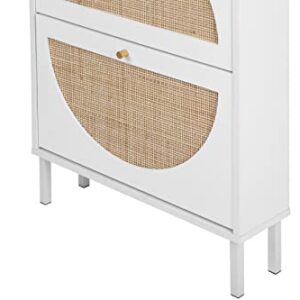 Natural Rattan Shoe Cabinet with 2 Flip Drawers, Entrance Hallway Slim Entryway Shoe Organizer, White Shoe Rack Storage Cabinet for Modern Heels, Boots, Slippers