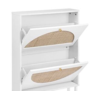 Natural Rattan Shoe Cabinet with 2 Flip Drawers, Entrance Hallway Slim Entryway Shoe Organizer, White Shoe Rack Storage Cabinet for Modern Heels, Boots, Slippers